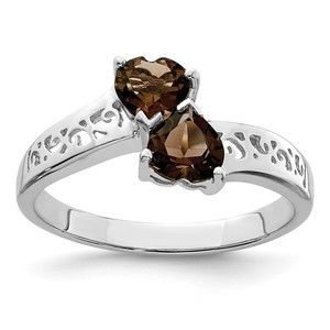925 Sterling Silver Rhodium Plated Two Heart Shaped Smoky Quartz Ring